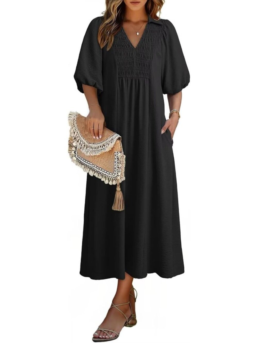 Stylish Summer Maxi Dress for Women - V Neck, Puff Sleeves, Empire Waist, Casual